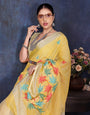 Yellow Linen Embroidery Work Saree