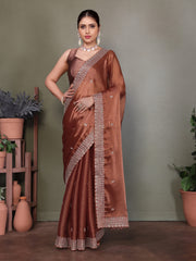 Brown Jimmy choo silk fabric saree with zari work