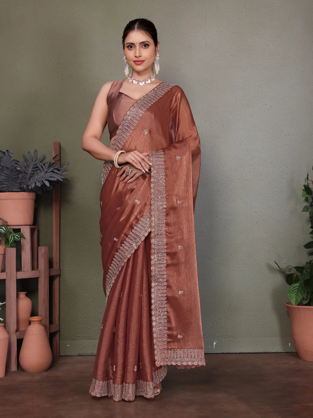 Brown Jimmy choo silk fabric saree with zari work