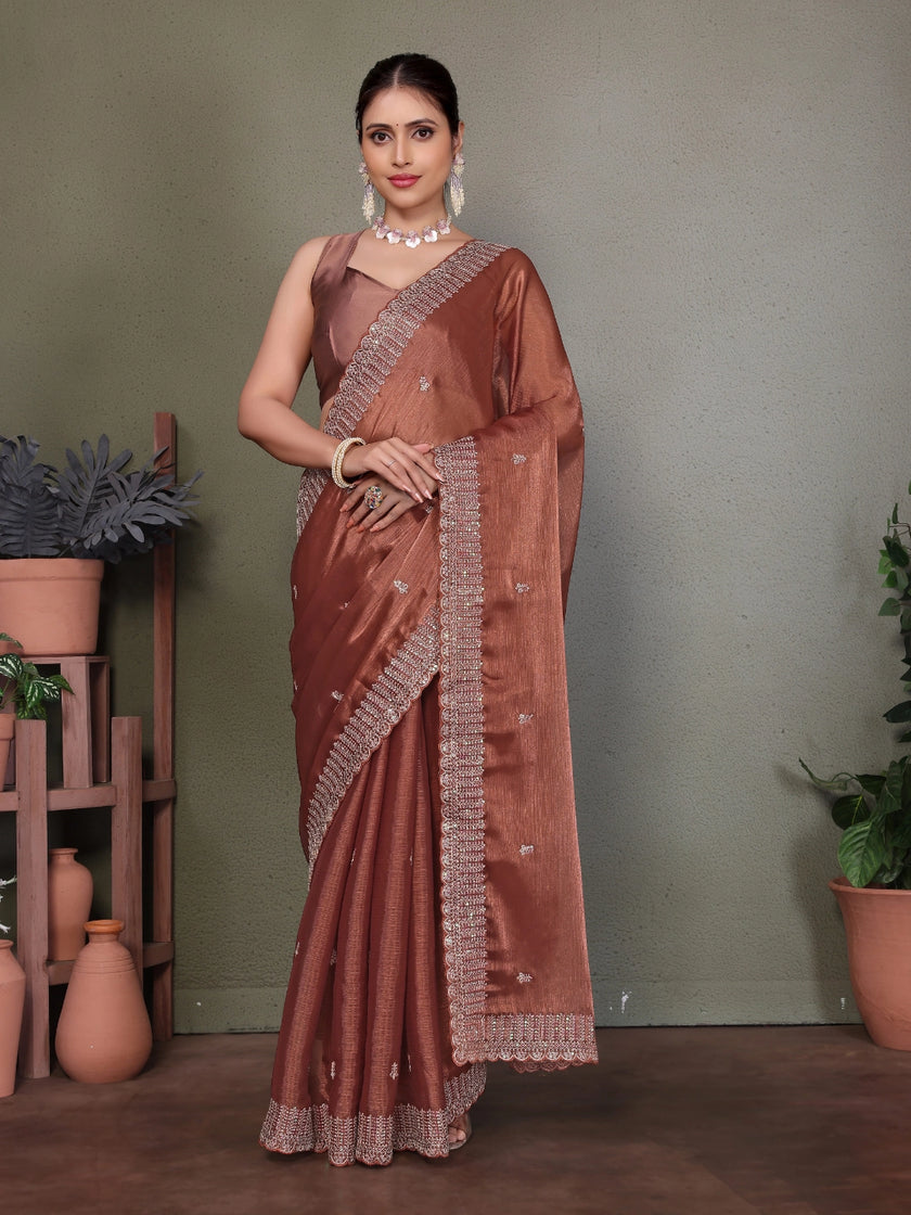Brown Jimmy choo silk fabric saree with zari work