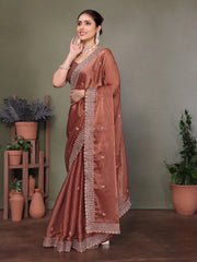 Brown Jimmy choo silk fabric saree with zari work