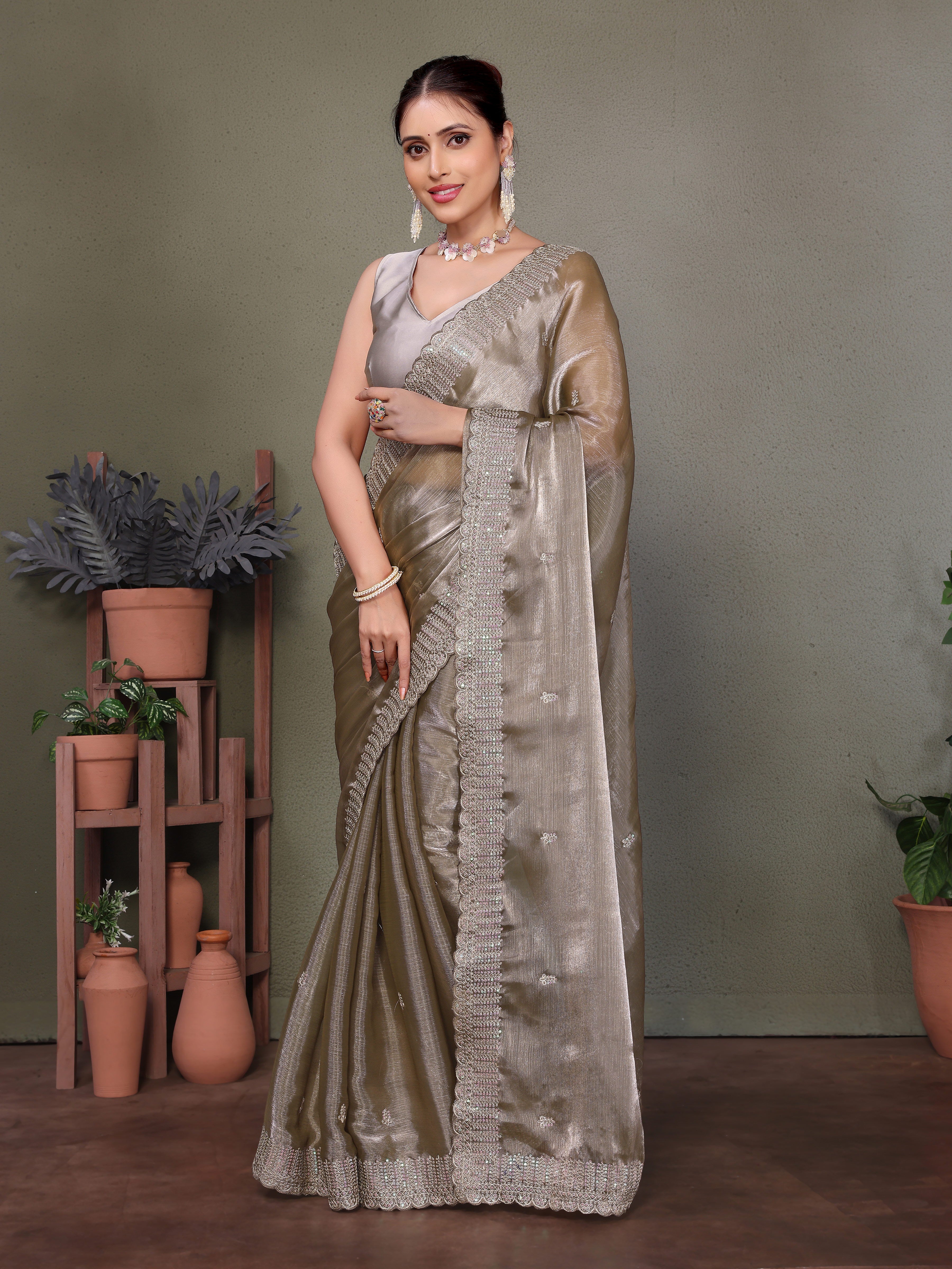 Grey Jimmy choo silk fabric saree with zari work