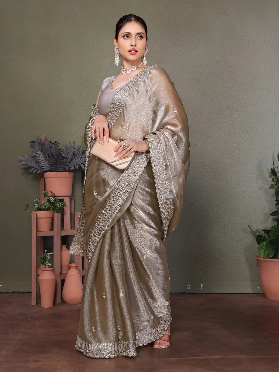 Grey Jimmy choo silk fabric saree with zari work Secondary image