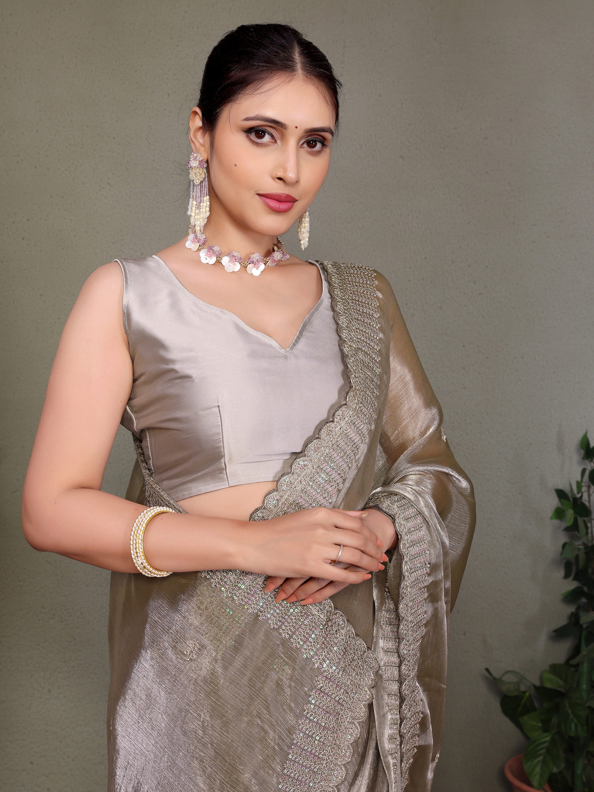 Grey Jimmy choo silk fabric saree with zari work