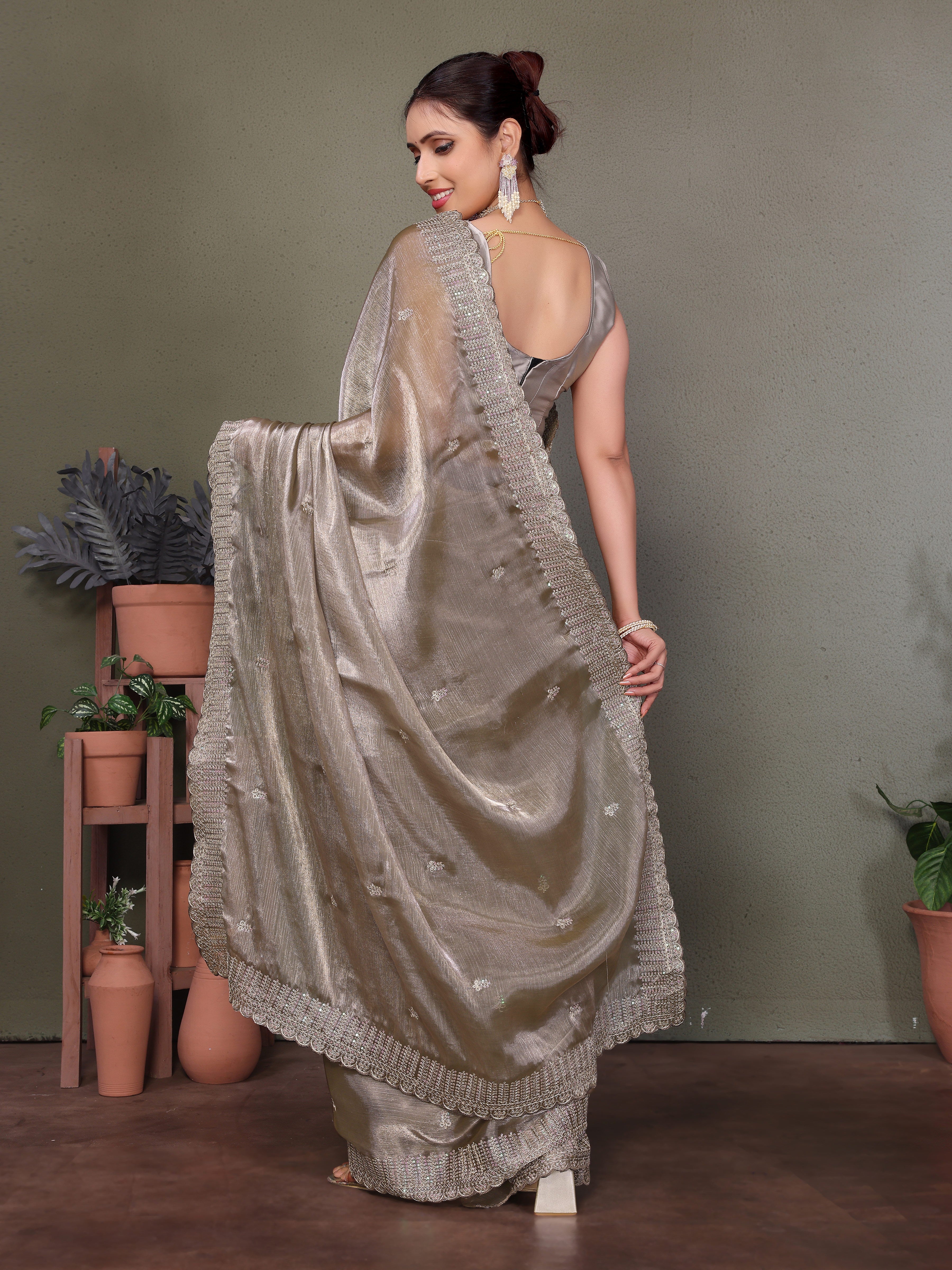 Grey Jimmy choo silk fabric saree with zari work