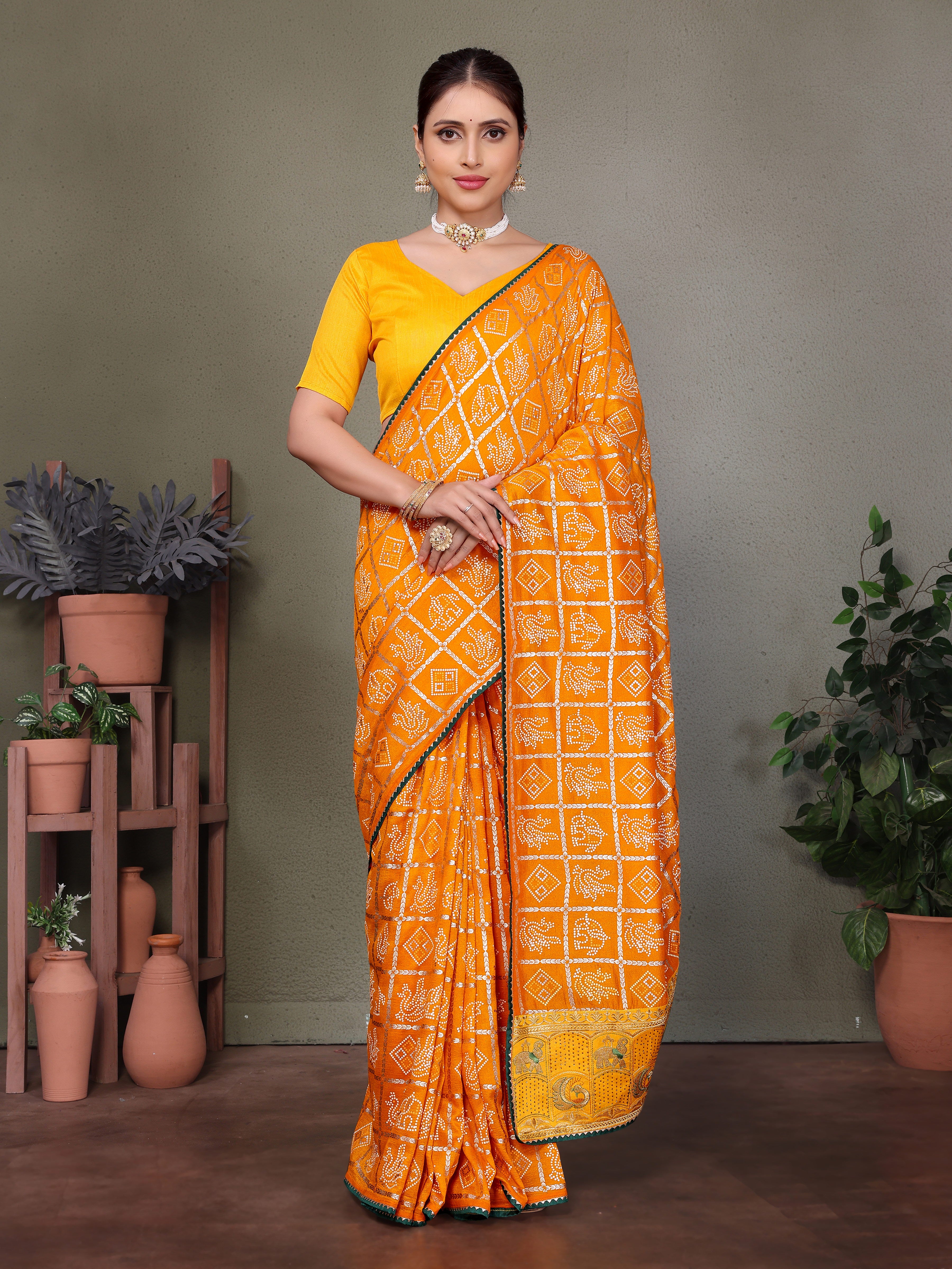 Yellow Gujarati Bandhej Hand Print Saree