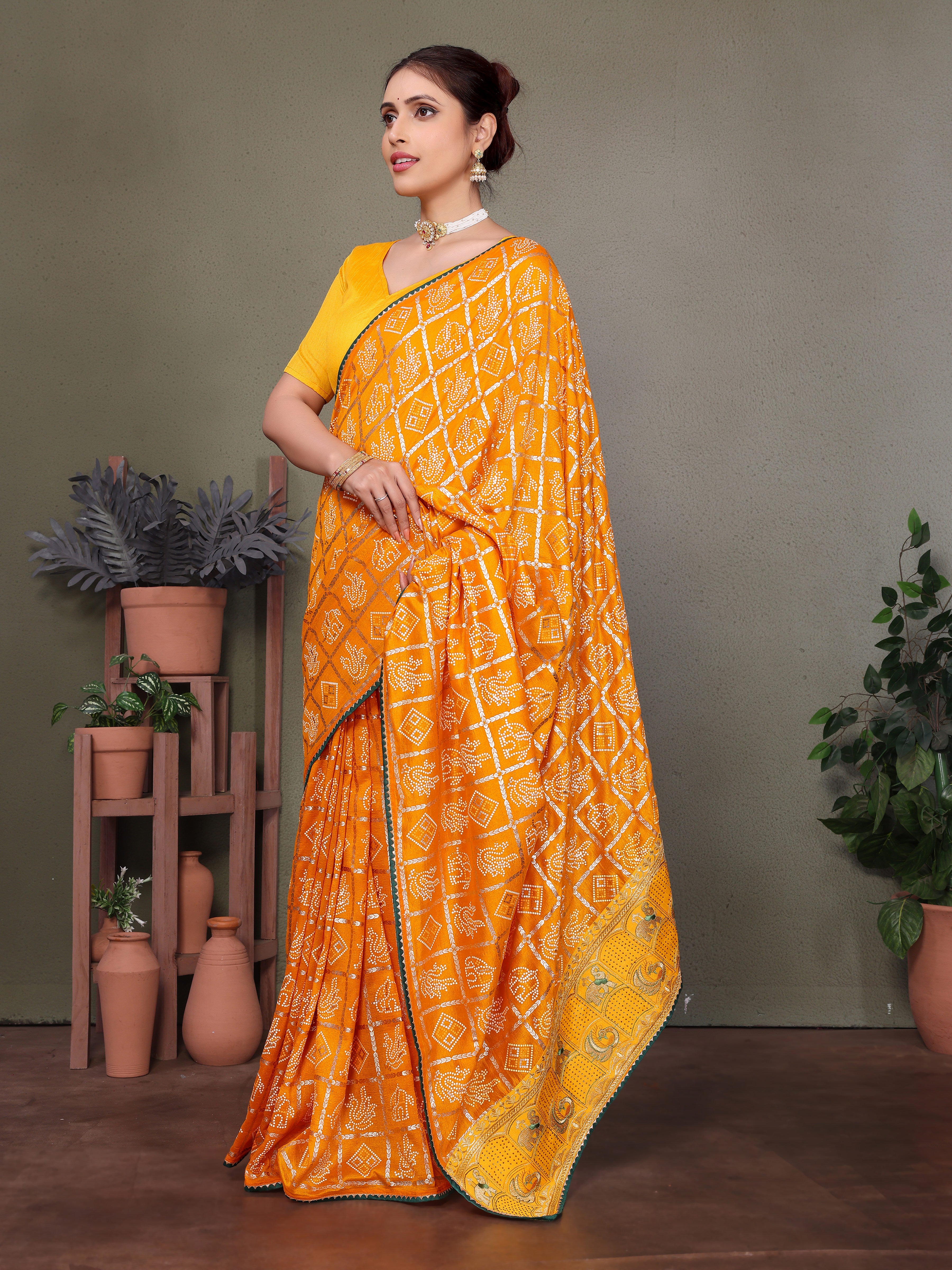 Yellow Gujarati Bandhej Hand Print Saree