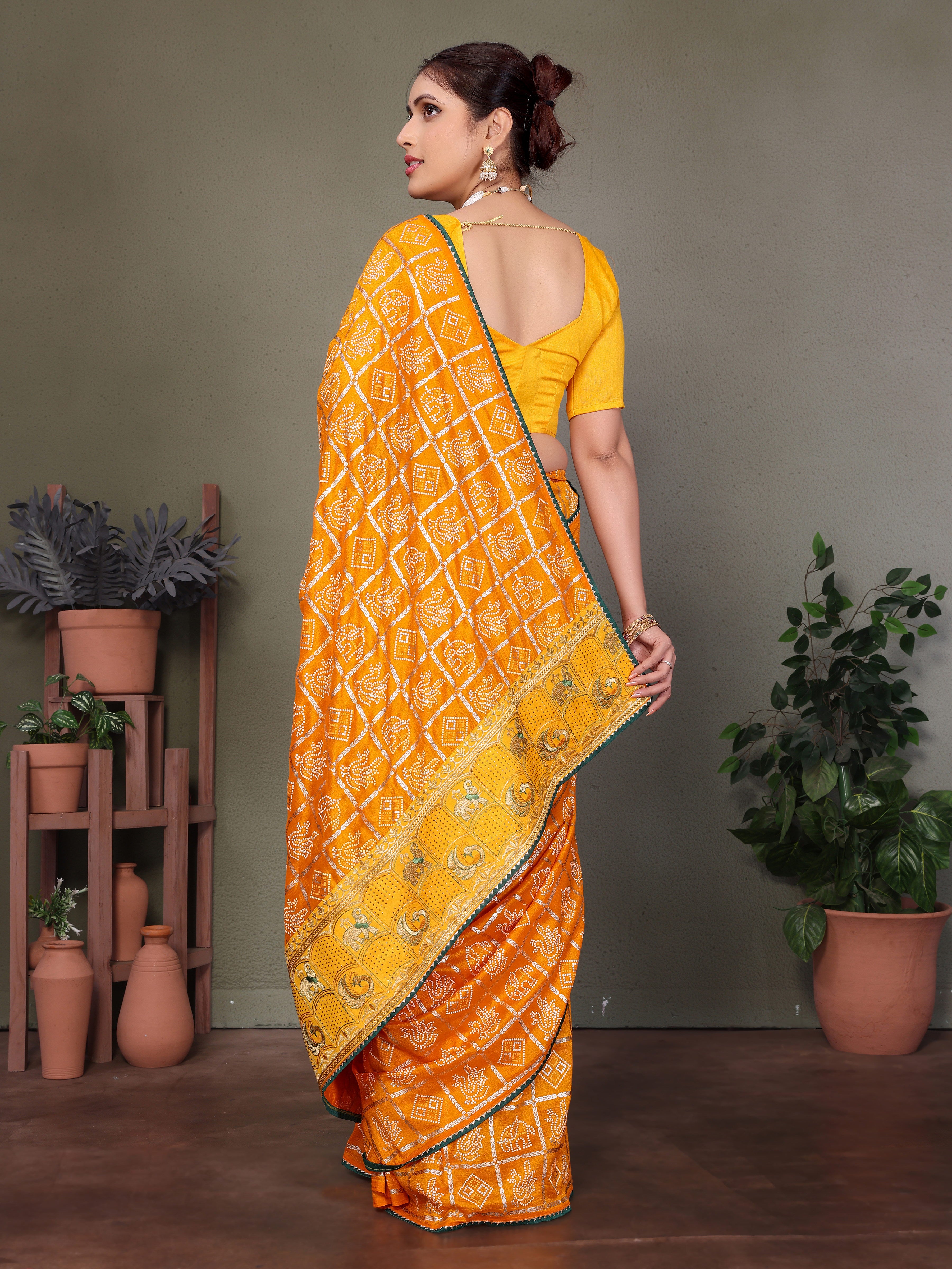 Yellow Gujarati Bandhej Hand Print Saree