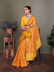 Yellow Gujarati Bandhej Hand Print Saree