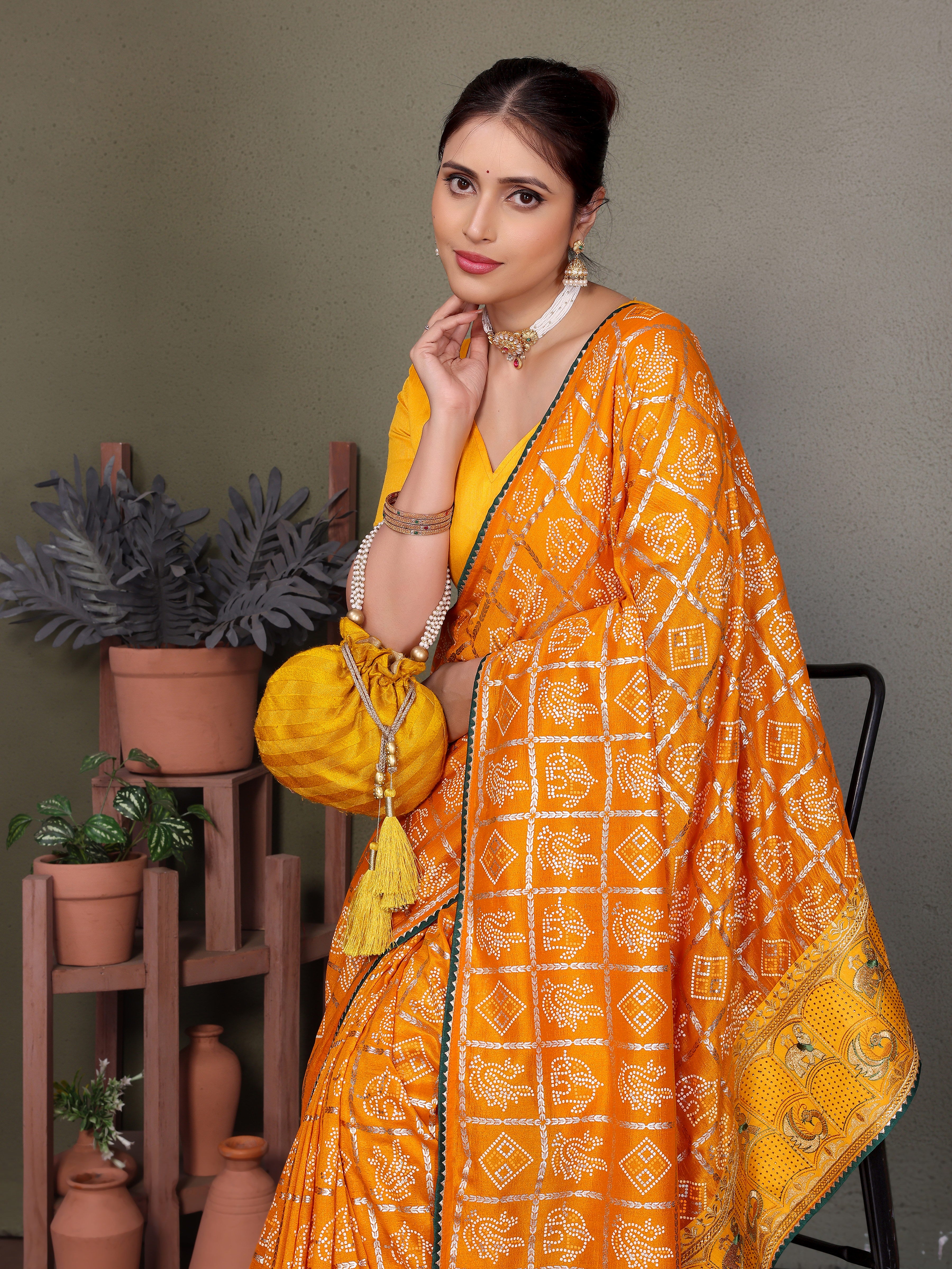 Yellow Gujarati Bandhej Hand Print Saree