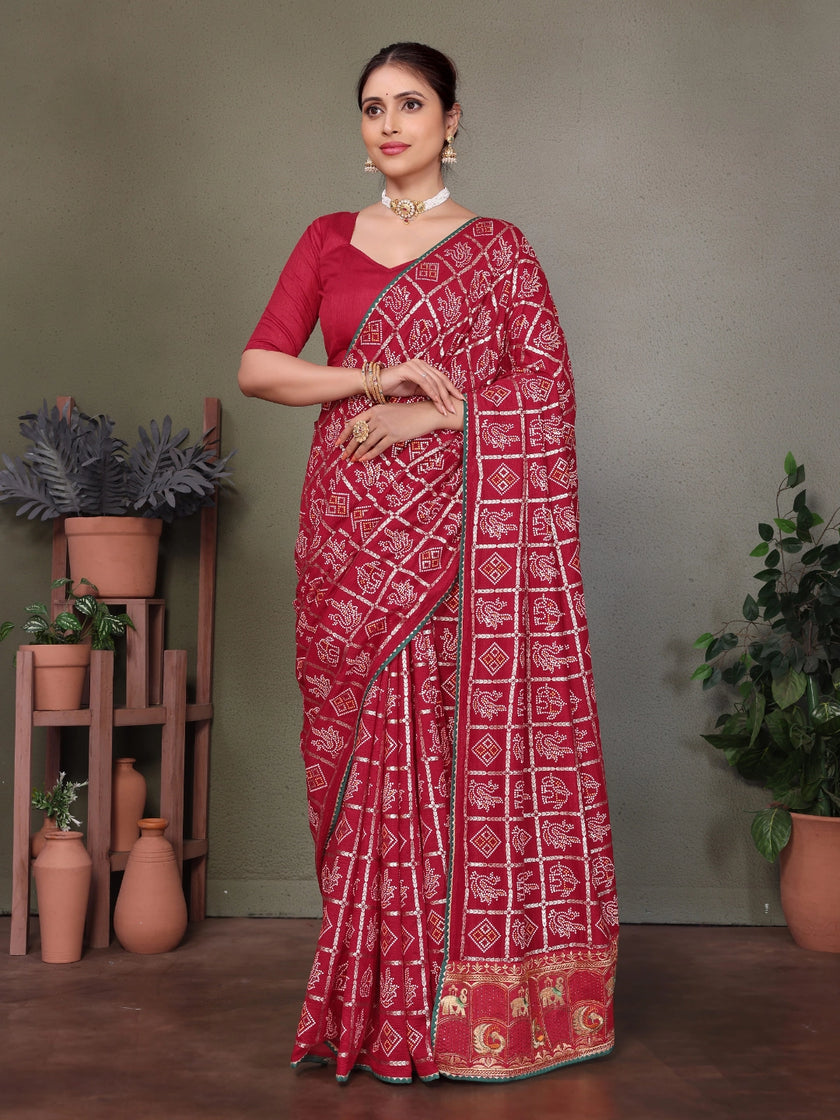 Maroon Gujarati Bandhani Handprint Saree