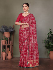 Maroon Gujarati Bandhej Hand Print Saree