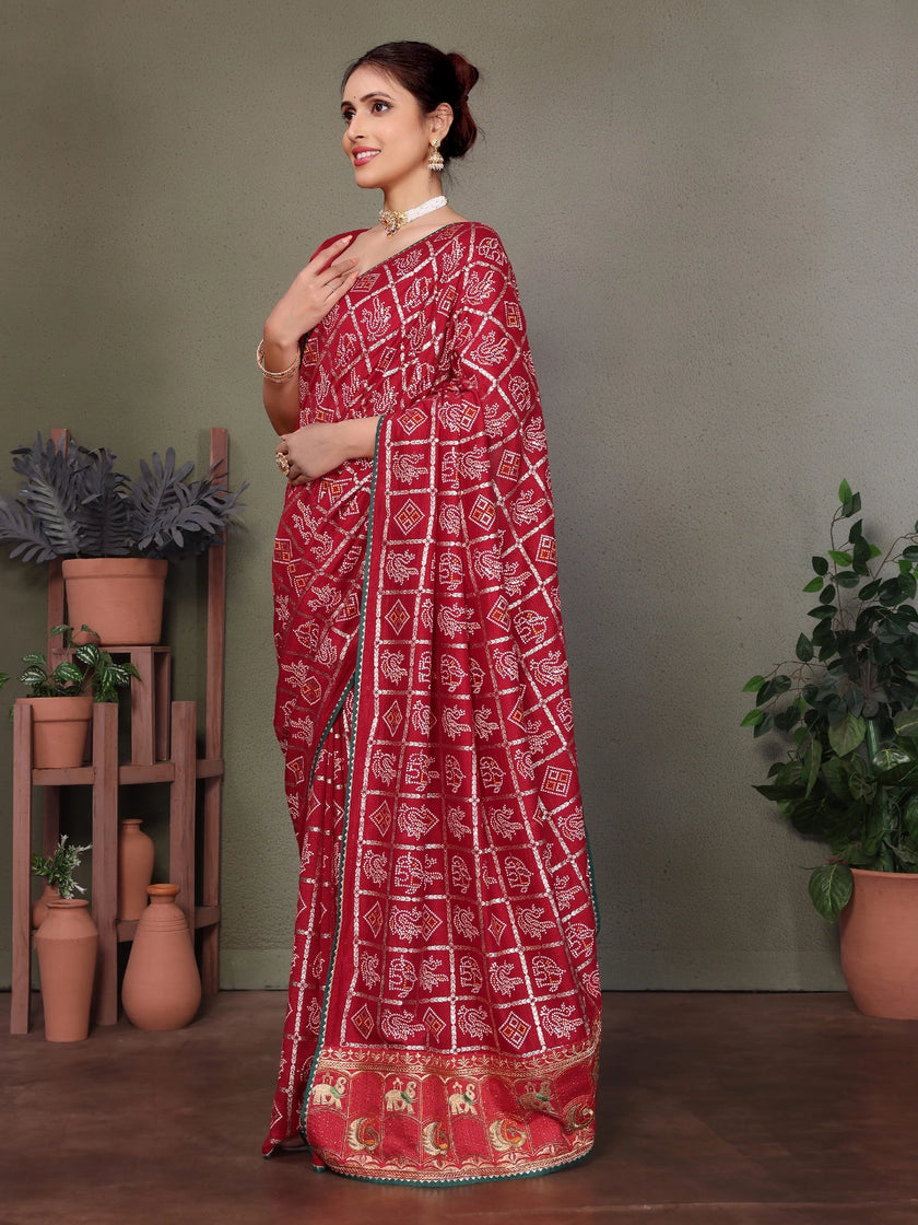 Maroon Gujarati Bandhani Handprint Saree