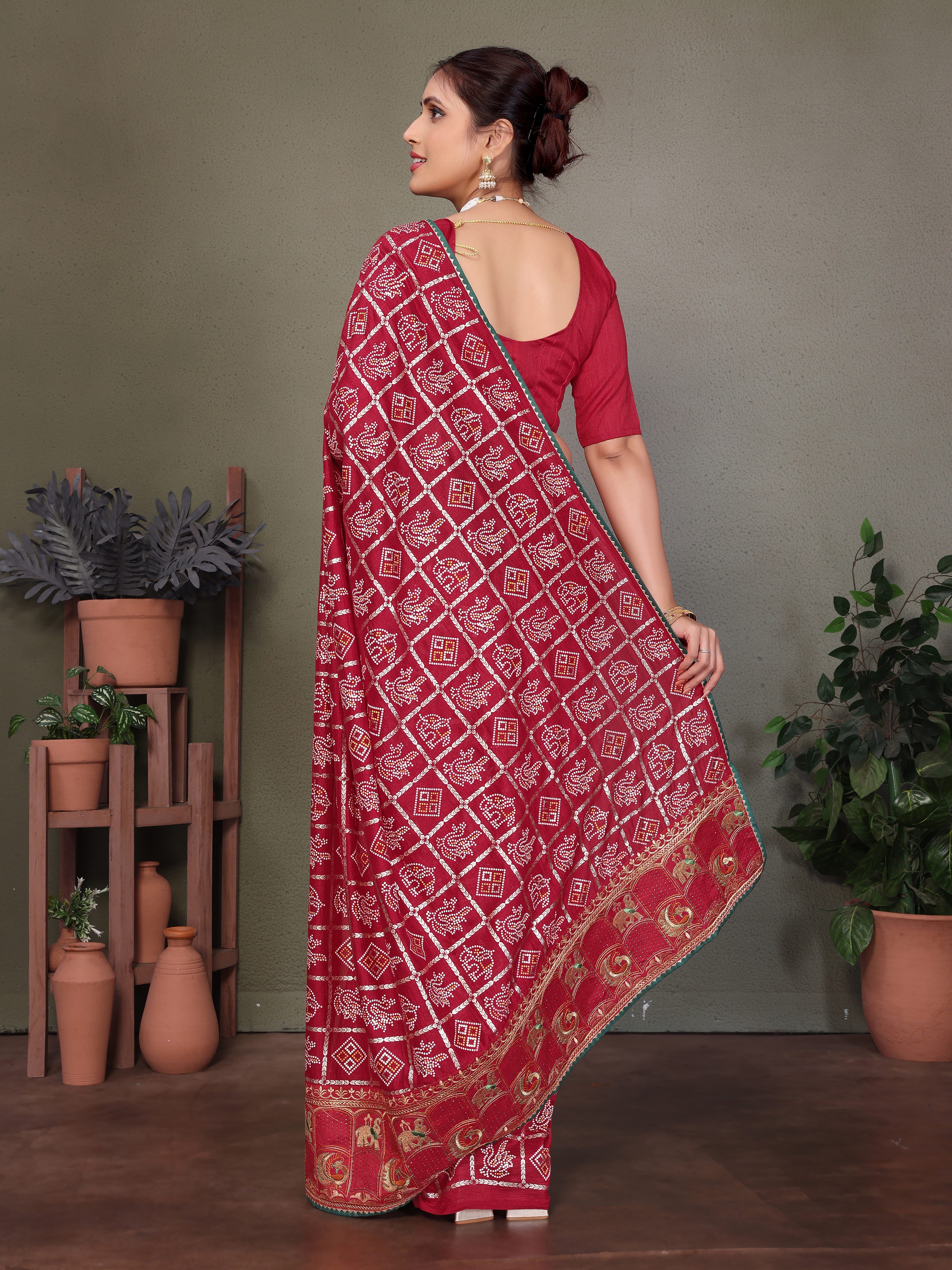 Maroon Gujarati Bandhej Hand Print Saree