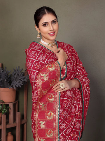 Maroon Gujarati Bandhani Handprint Saree