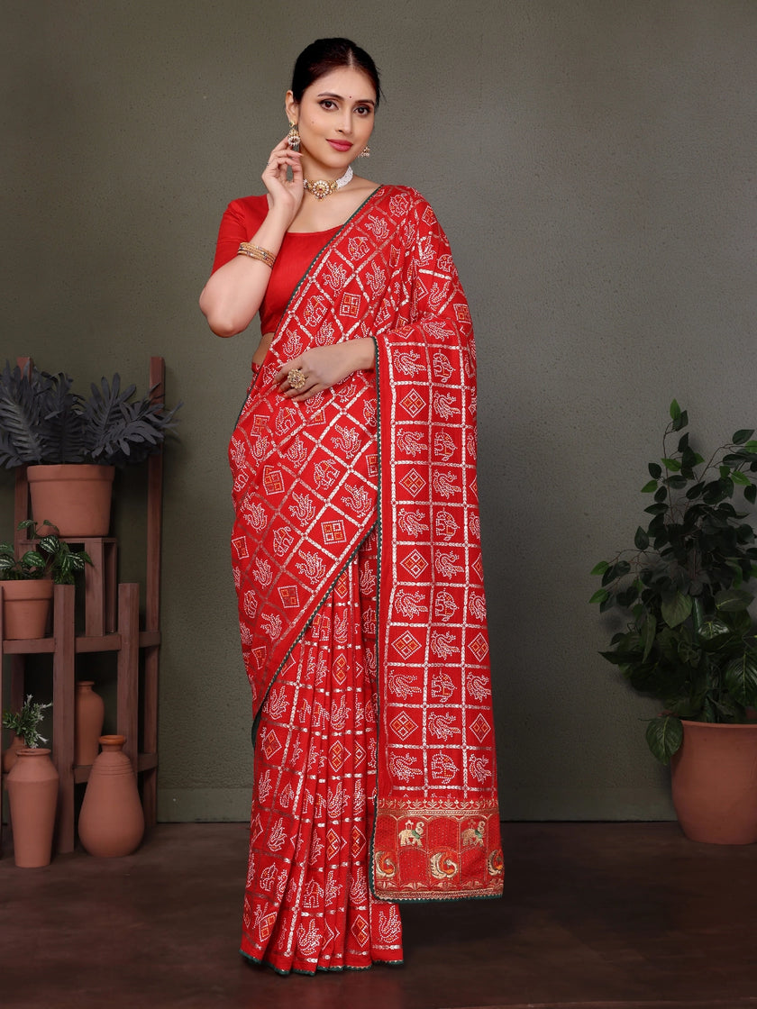 Red Gujarati Bandhani Handprint Saree