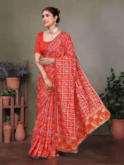 Red Gujarati Bandhej Hand Print Saree