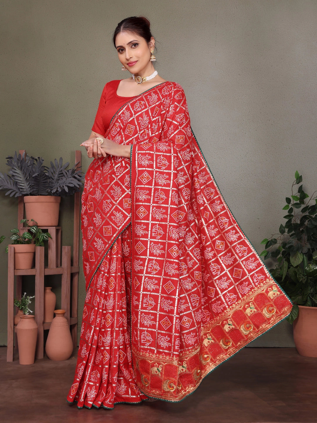 Red Gujarati Bandhani Handprint Saree