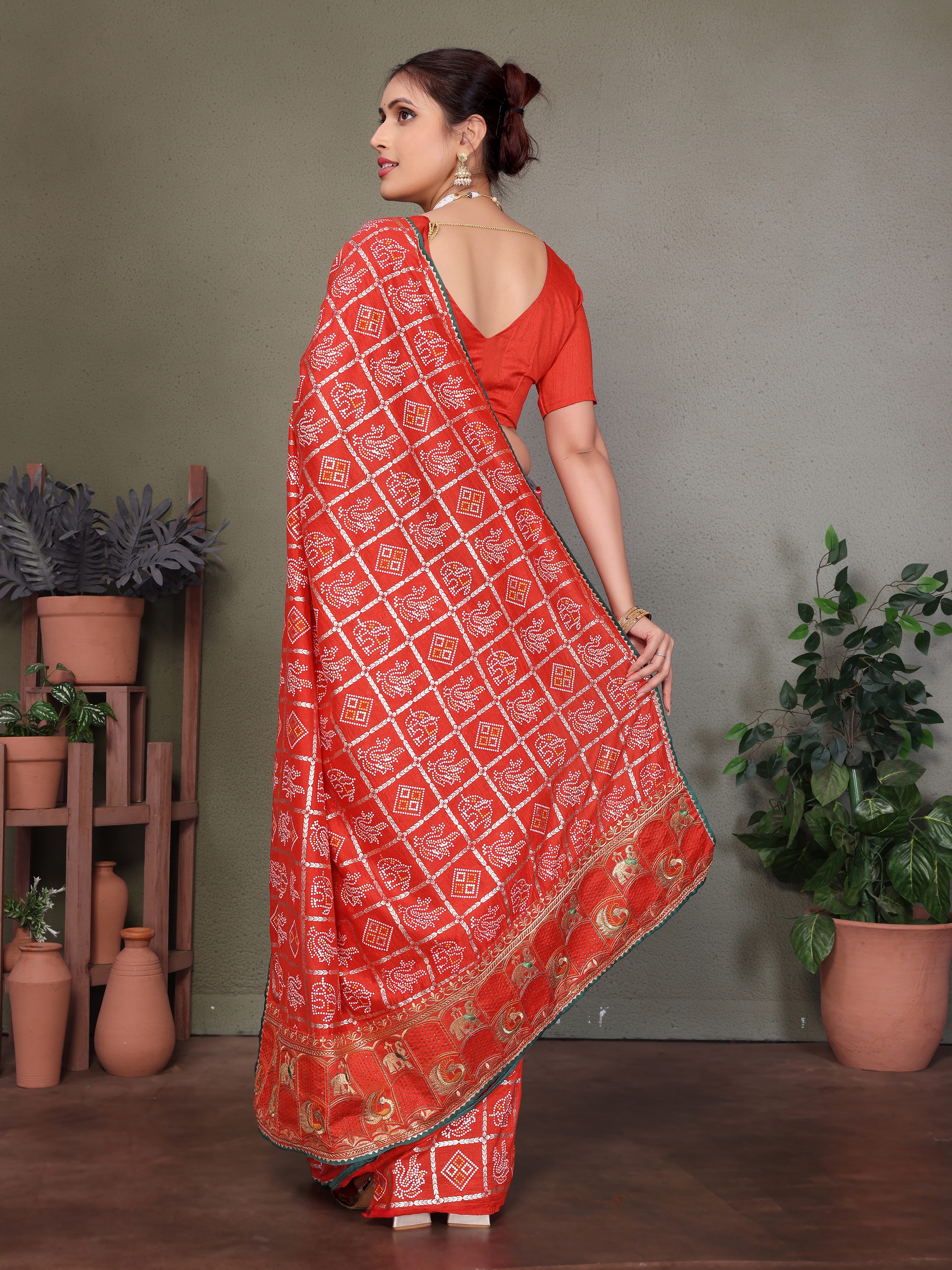 Red Gujarati Bandhej Hand Print Saree