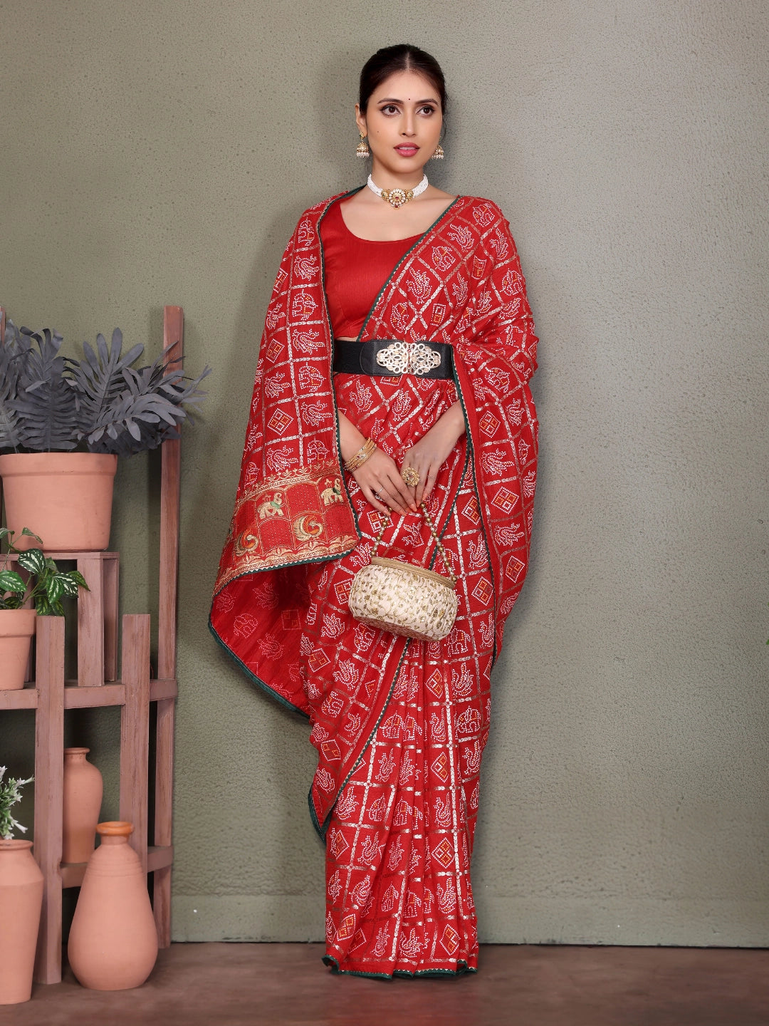 Red Gujarati Bandhani Handprint Saree Secondary image