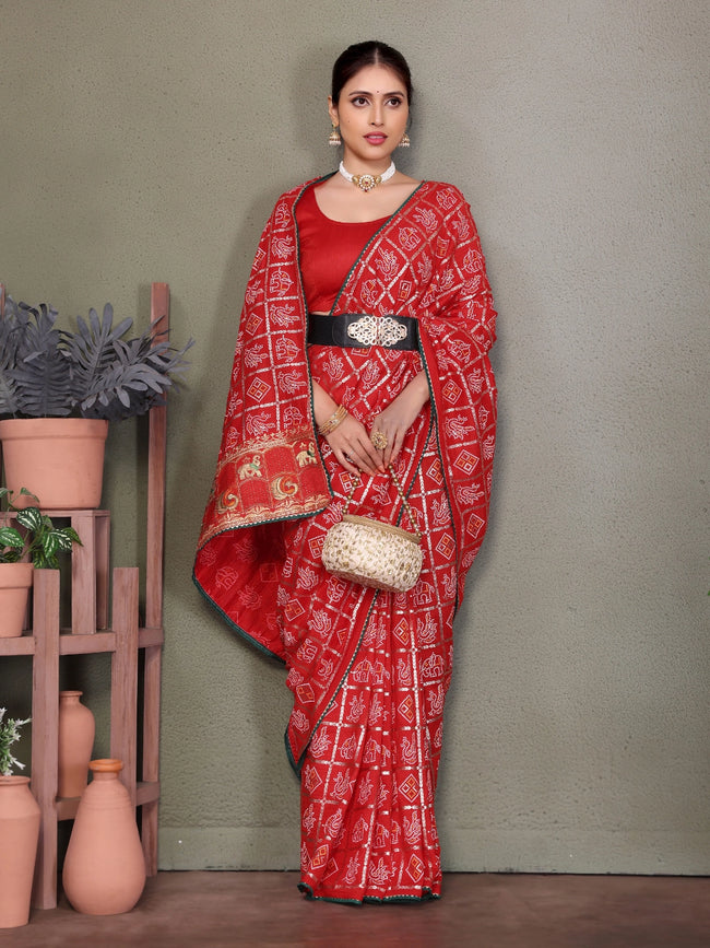 Red Gujarati Bandhani Handprint Saree