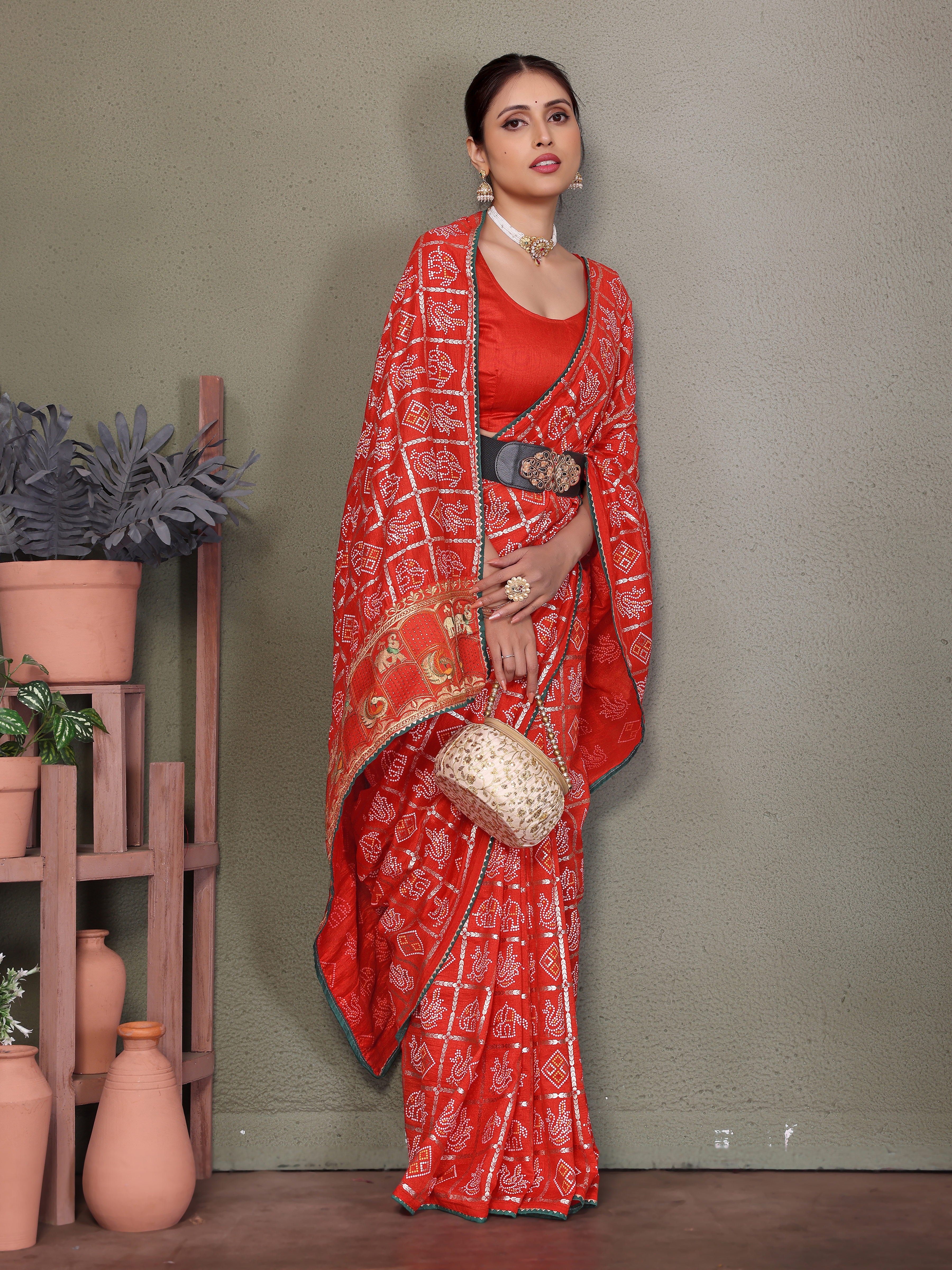 Red Gujarati Bandhej Hand Print Saree