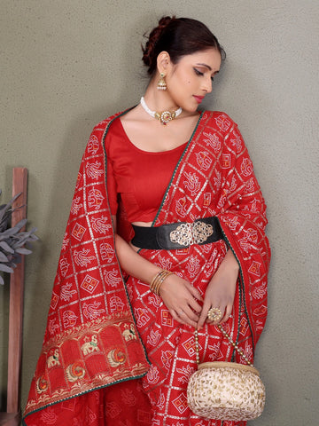 Red Gujarati Bandhani Handprint Saree