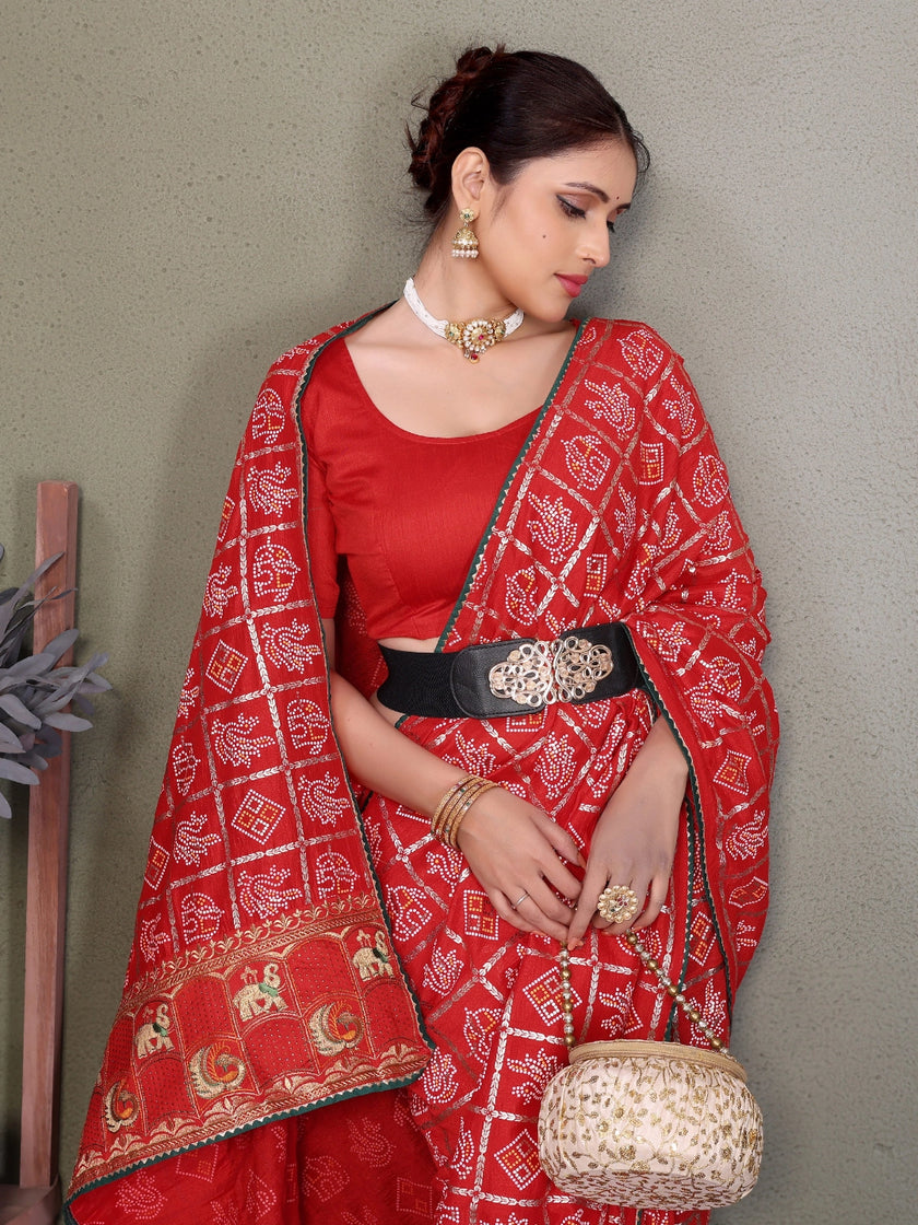 Red Gujarati Bandhani Handprint Saree