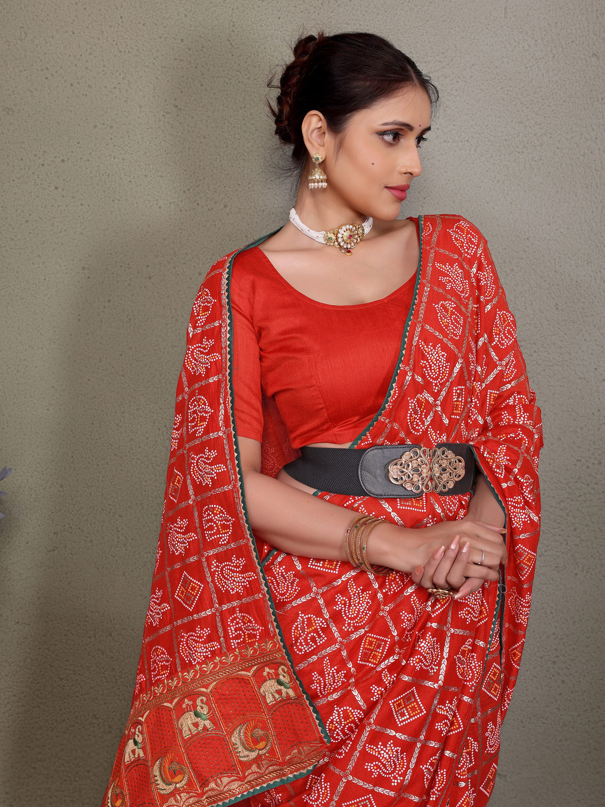 Red Gujarati Bandhej Hand Print Saree