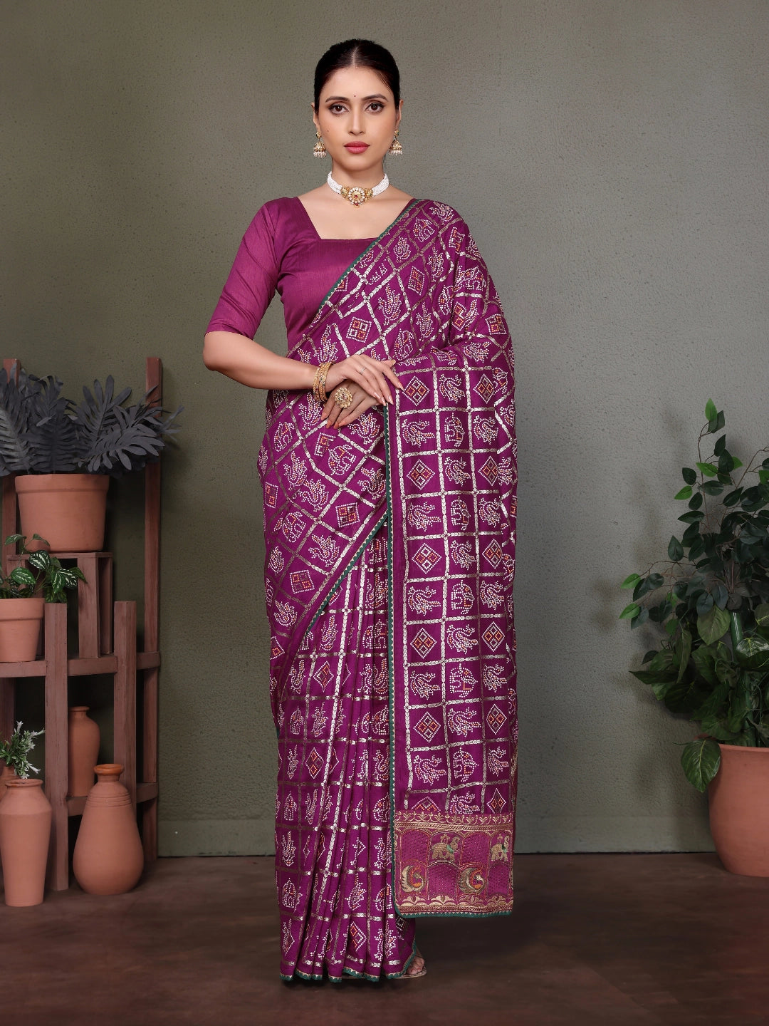 Purple Gujarati Bandhani Handprint Saree Secondary image