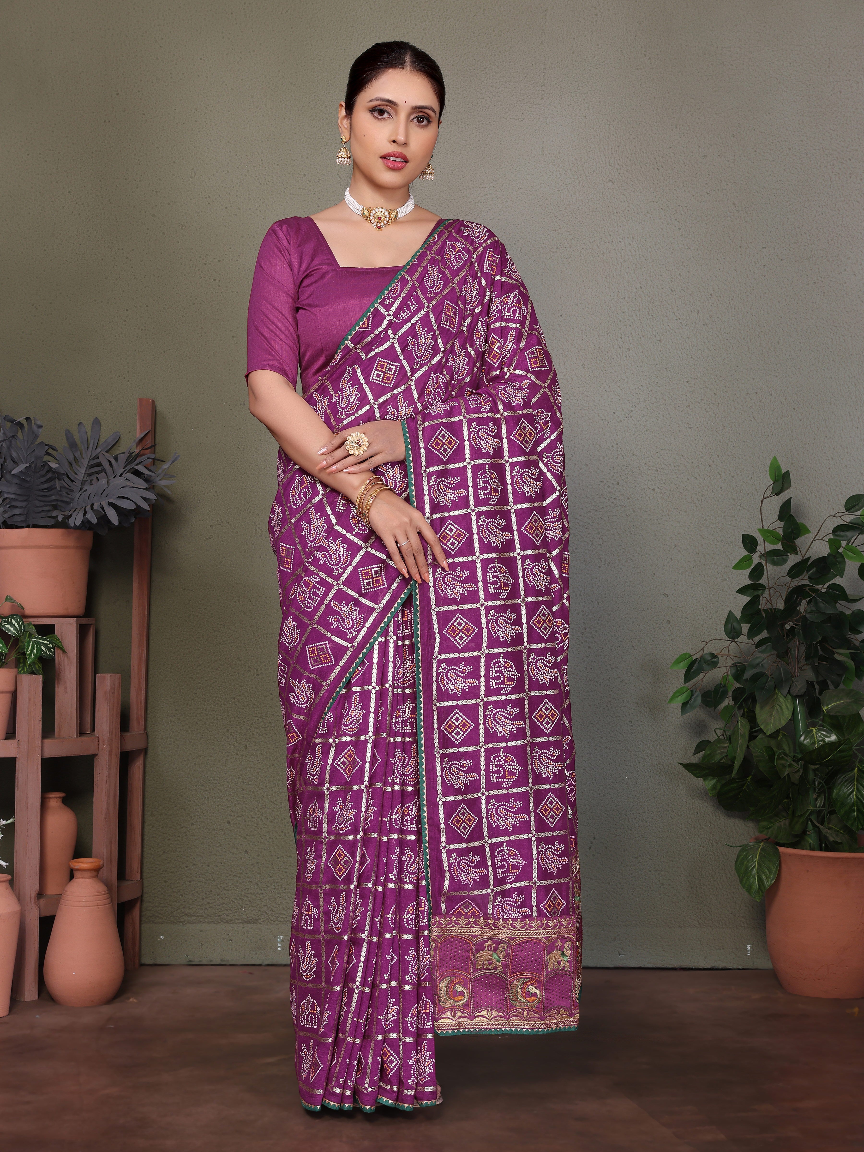 Purple Gujarati Bandhej Hand Print Saree