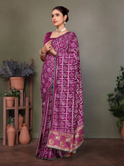 Purple Gujarati Bandhani Handprint Saree