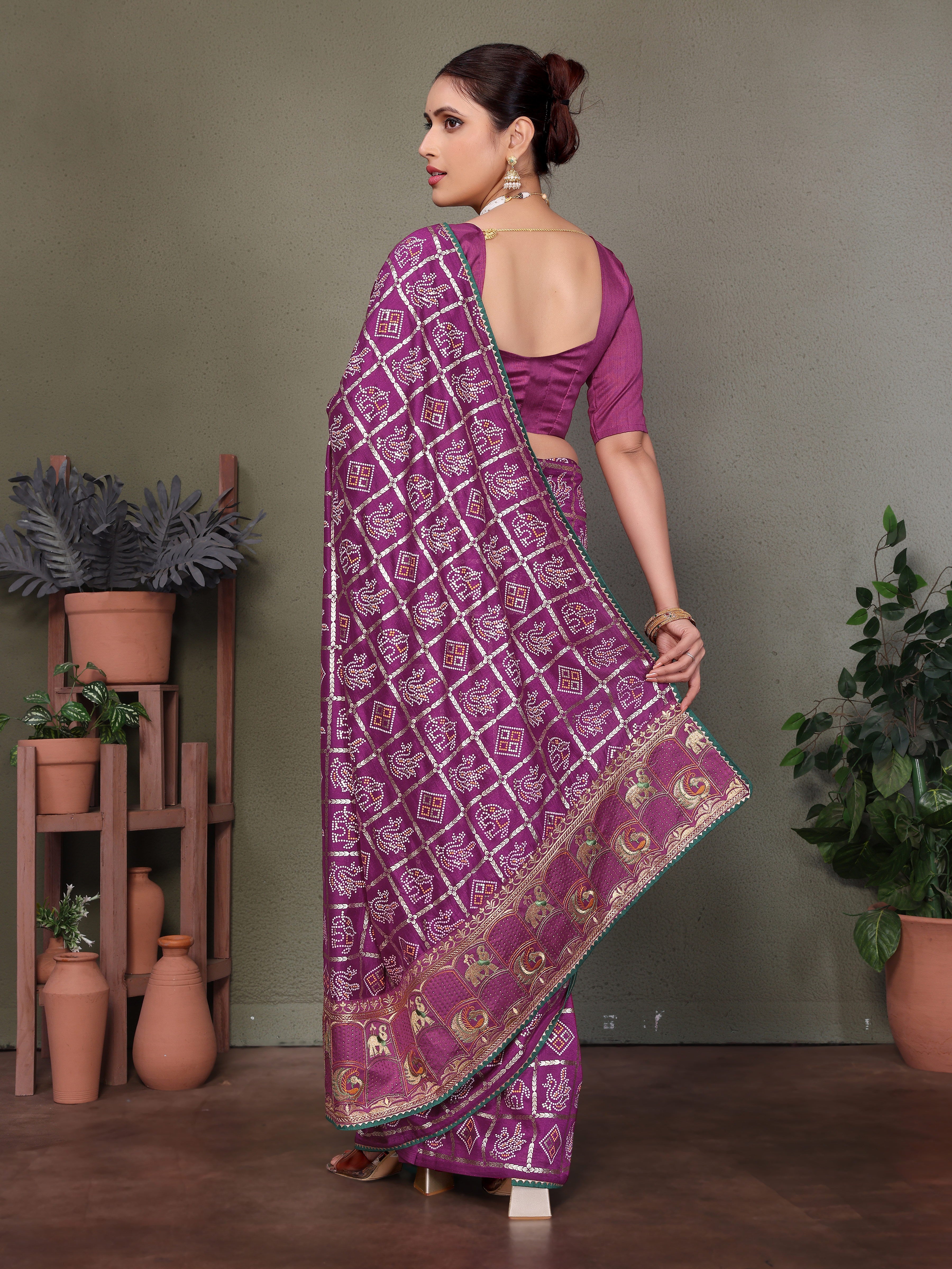 Purple Gujarati Bandhej Hand Print Saree