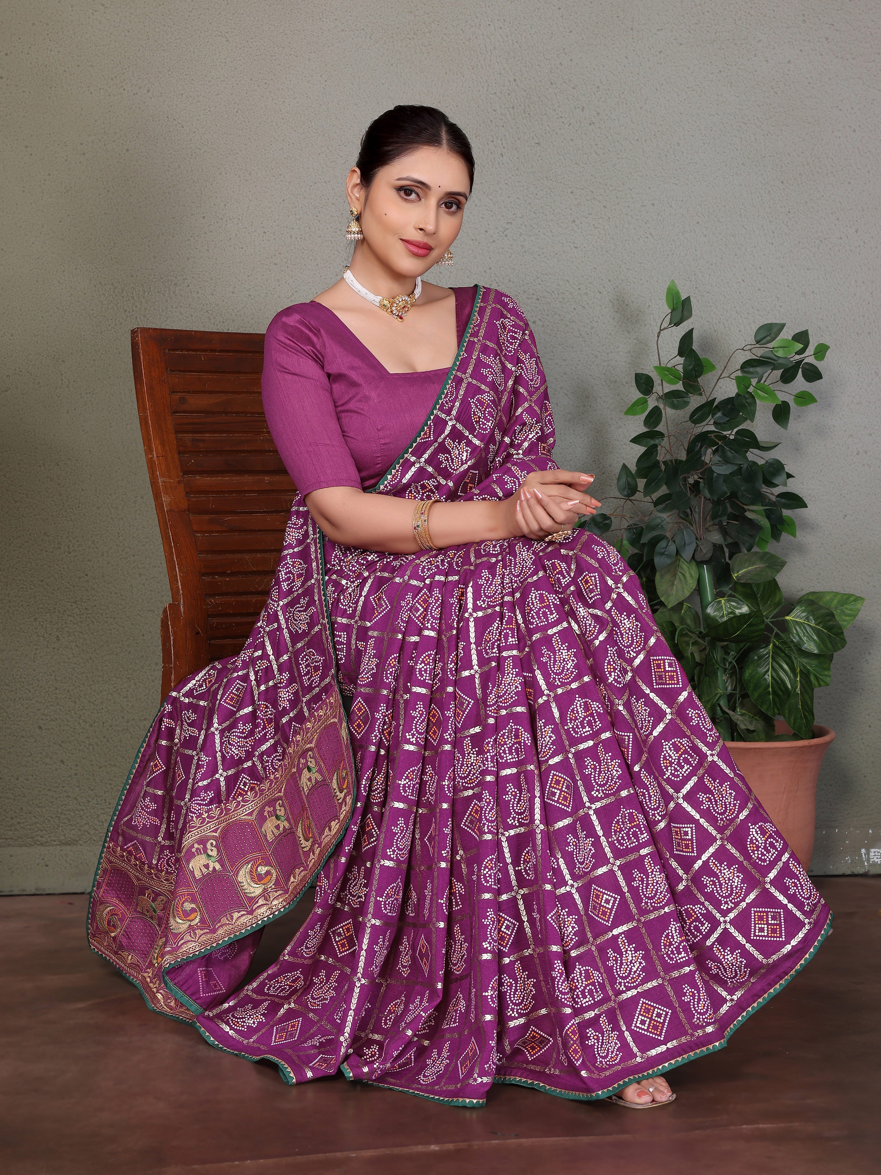 Purple Gujarati Bandhej Hand Print Saree