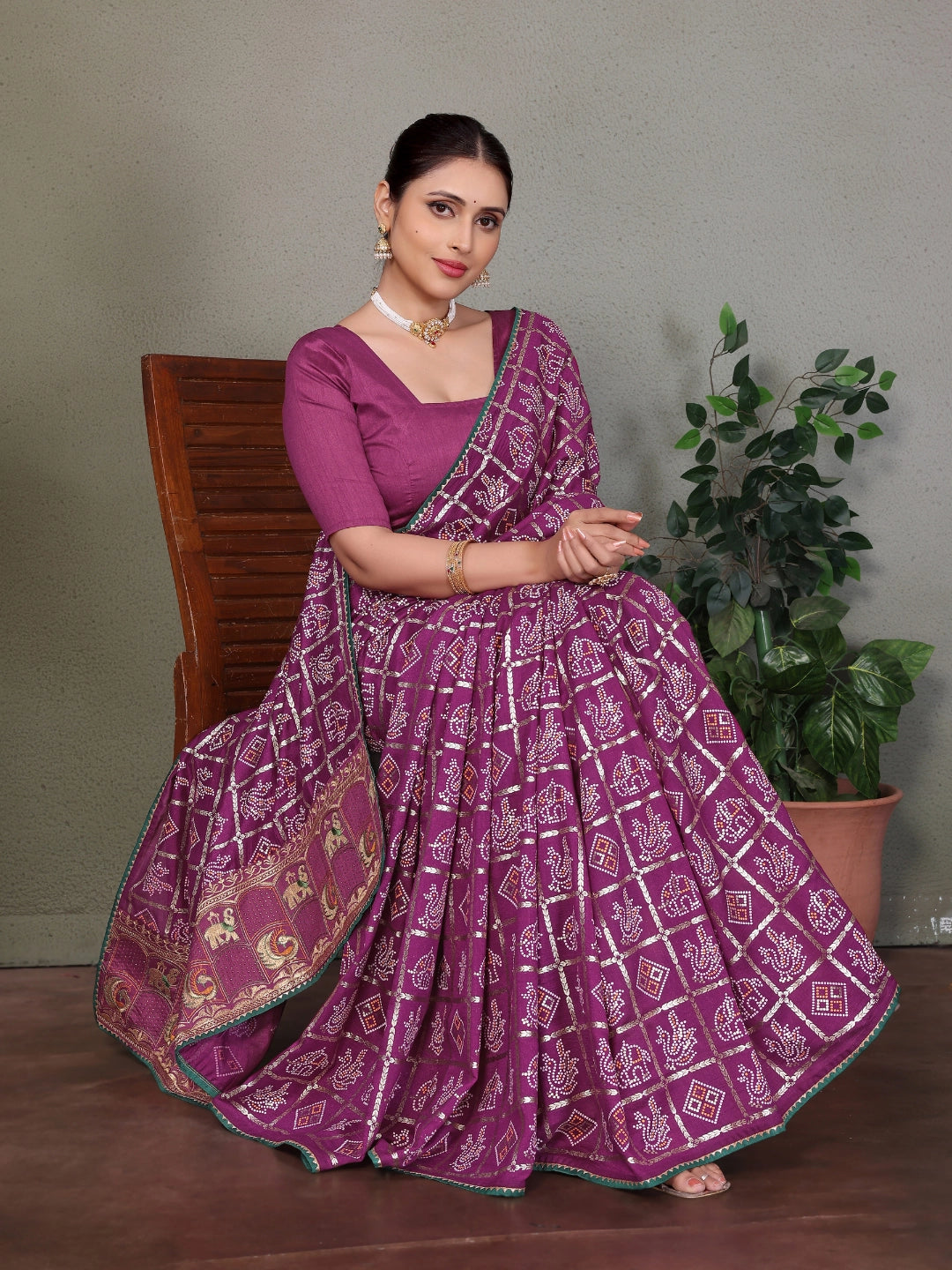 Purple Gujarati Bandhani Handprint Saree