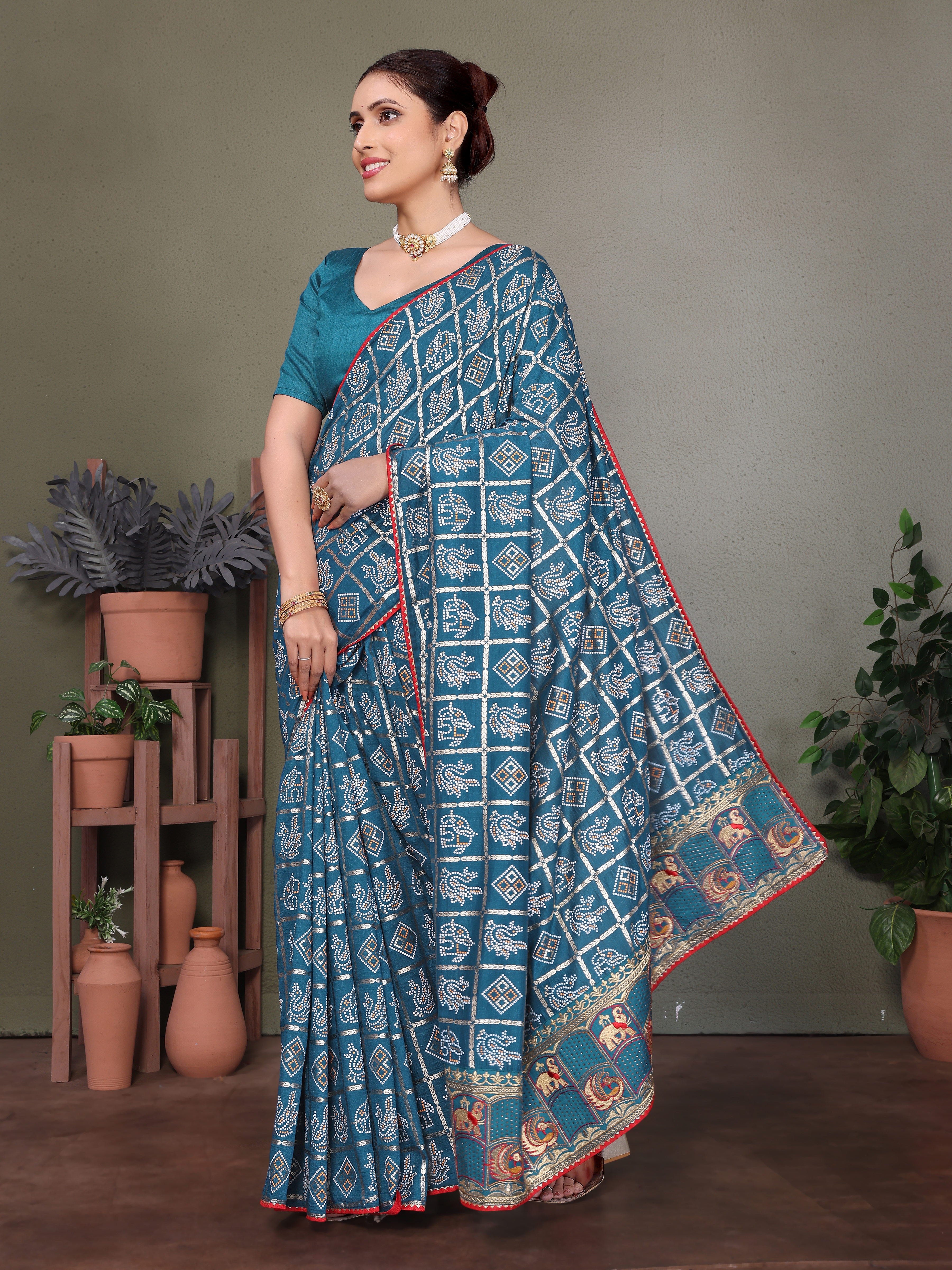 Blue Gujarati Bandhej Hand Print Saree