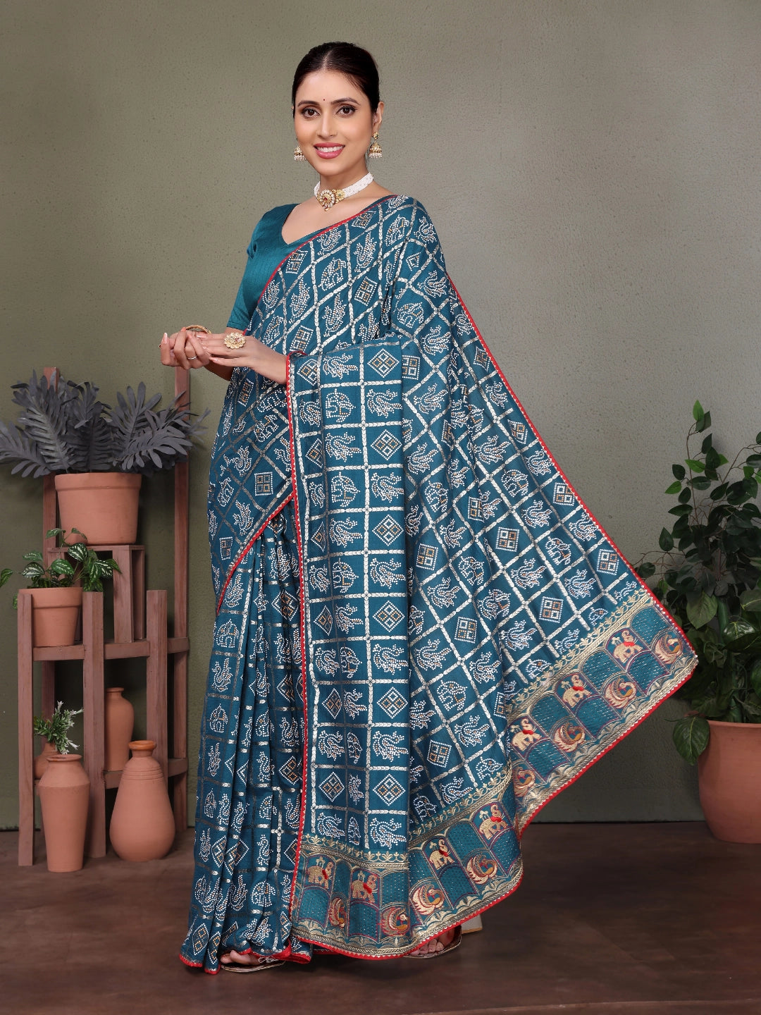 Blue Gujarati Bandhani Handprint Saree