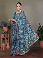 Blue Gujarati Bandhani Handprint Saree