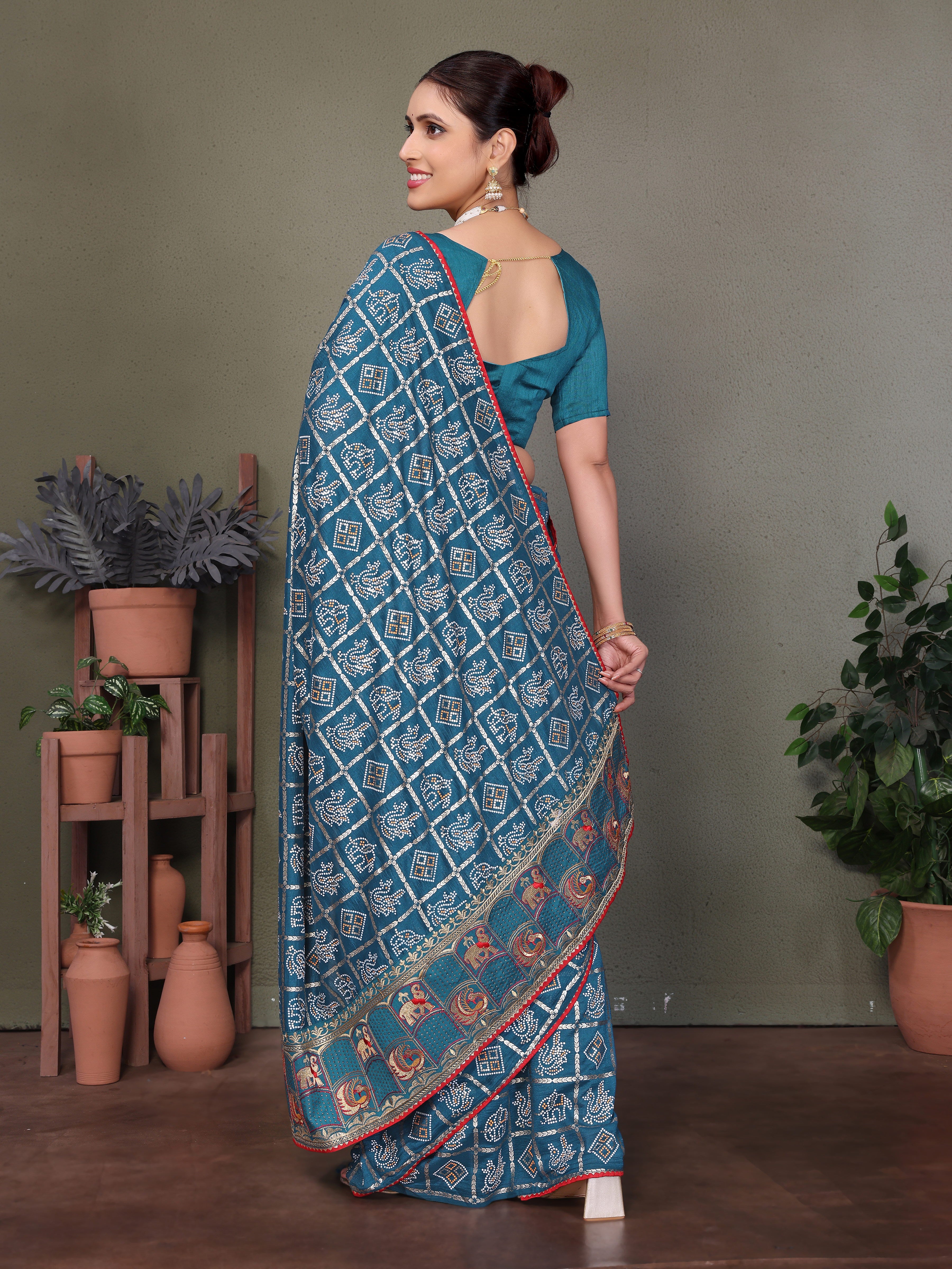 Blue Gujarati Bandhej Hand Print Saree