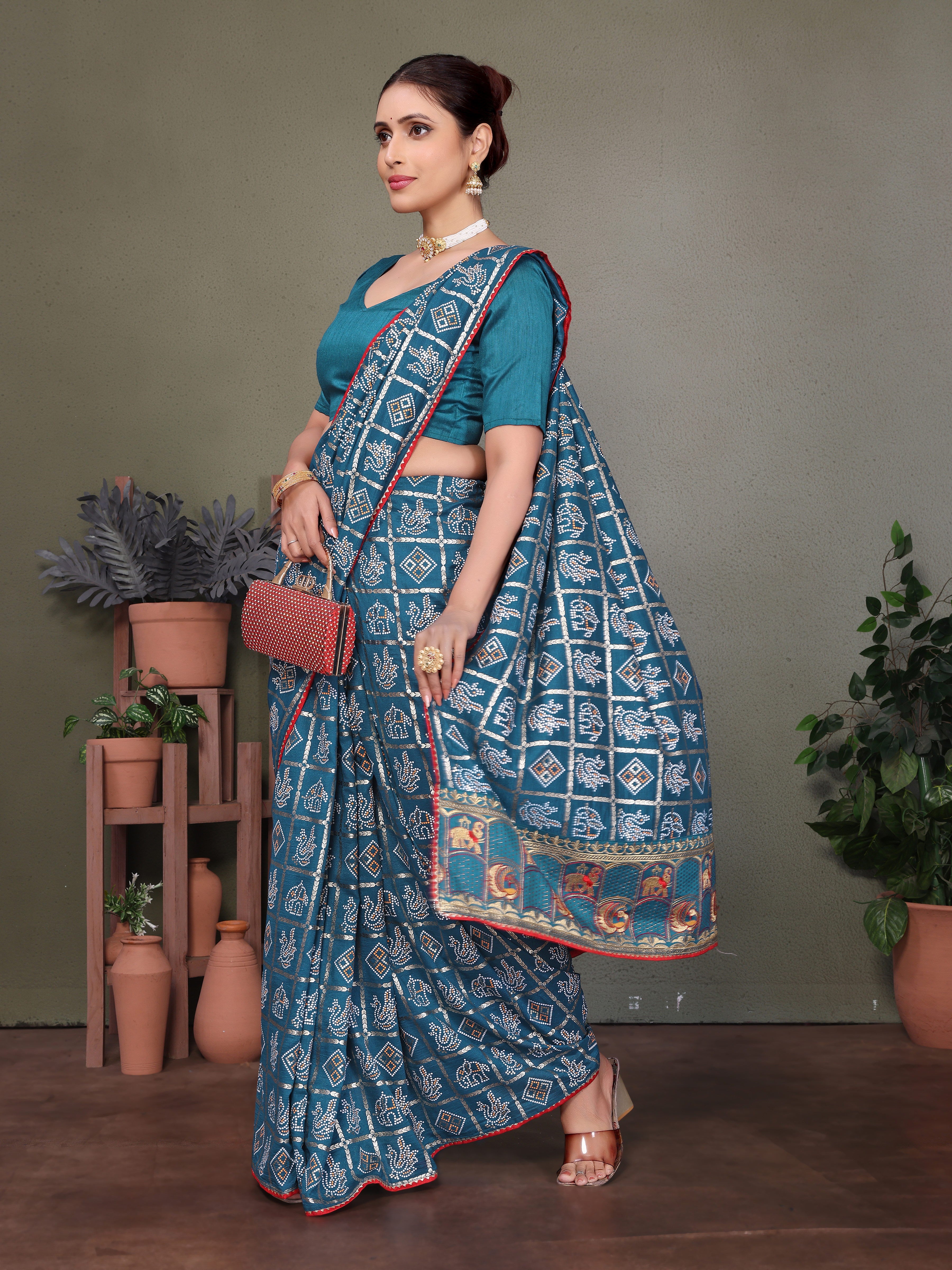 Blue Gujarati Bandhej Hand Print Saree