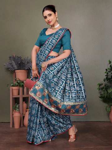 Blue Gujarati Bandhani Handprint Saree