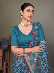 Blue Gujarati Bandhej Hand Print Saree