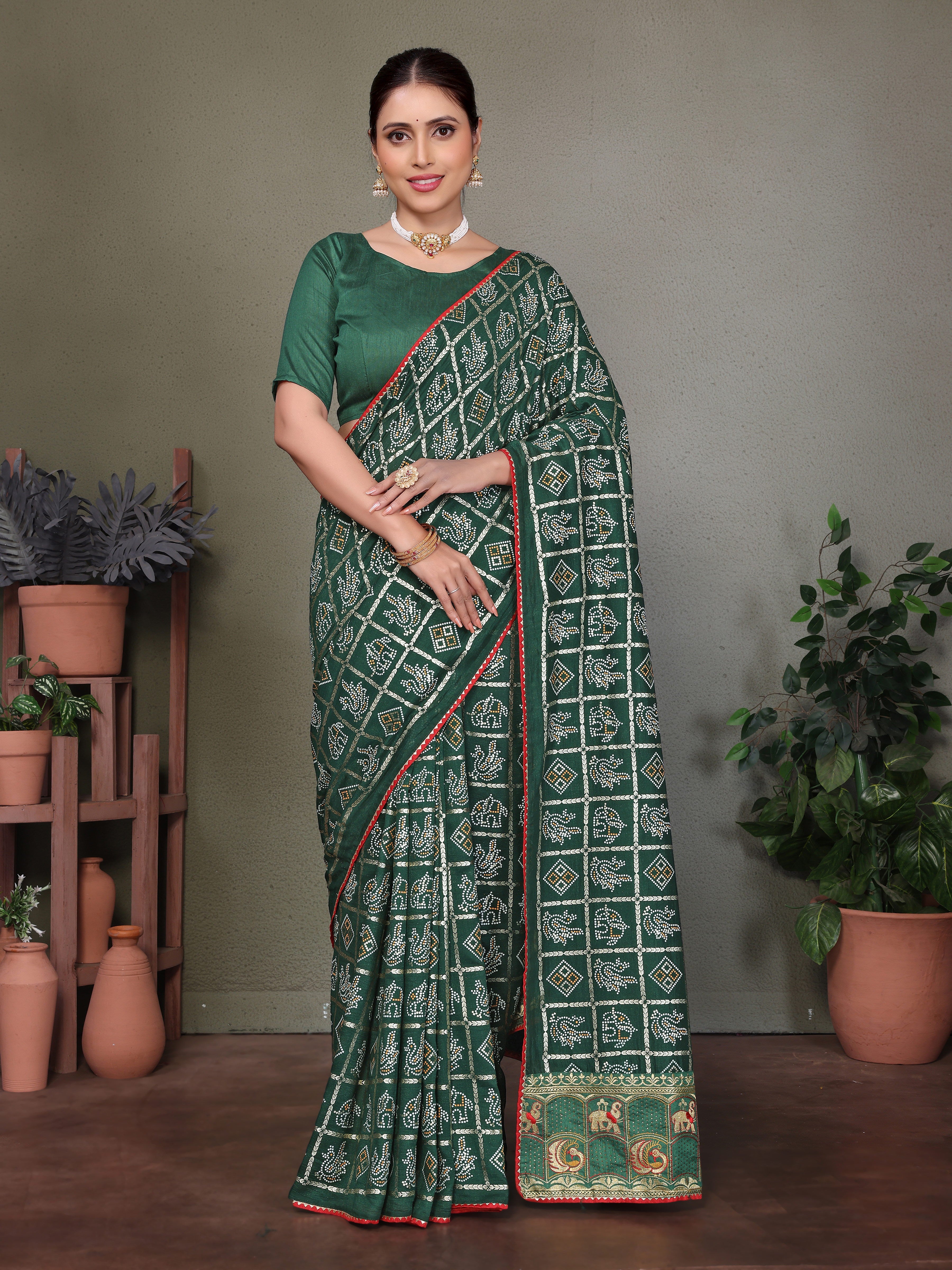 Green Gujarati Bandhej Hand Print Saree