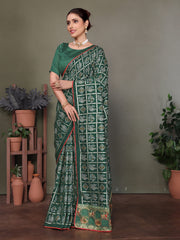 Green Gujarati Bandhej Hand Print Saree