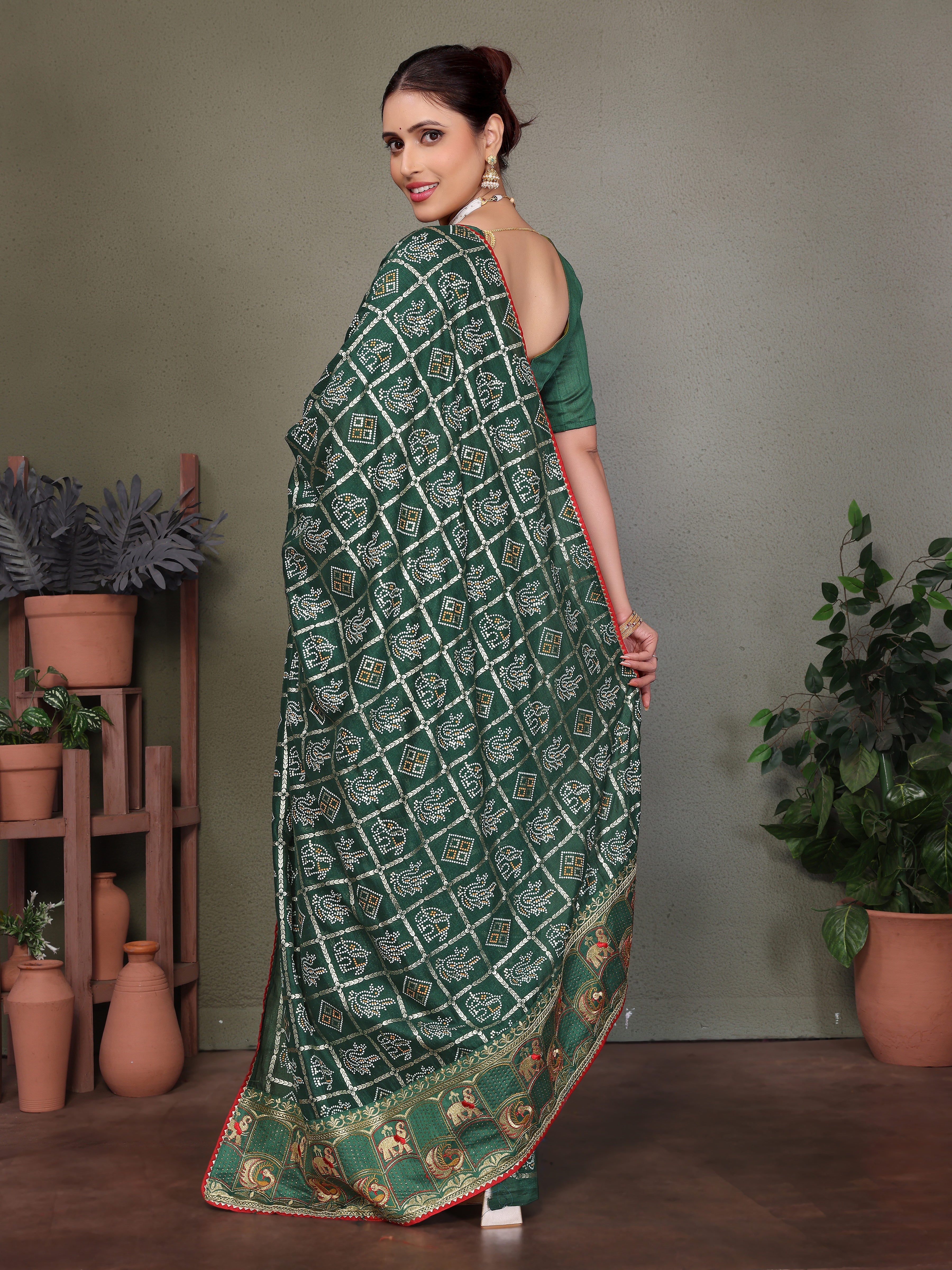 Green Gujarati Bandhej Hand Print Saree