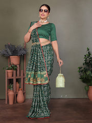 Green Gujarati Bandhej Hand Print Saree