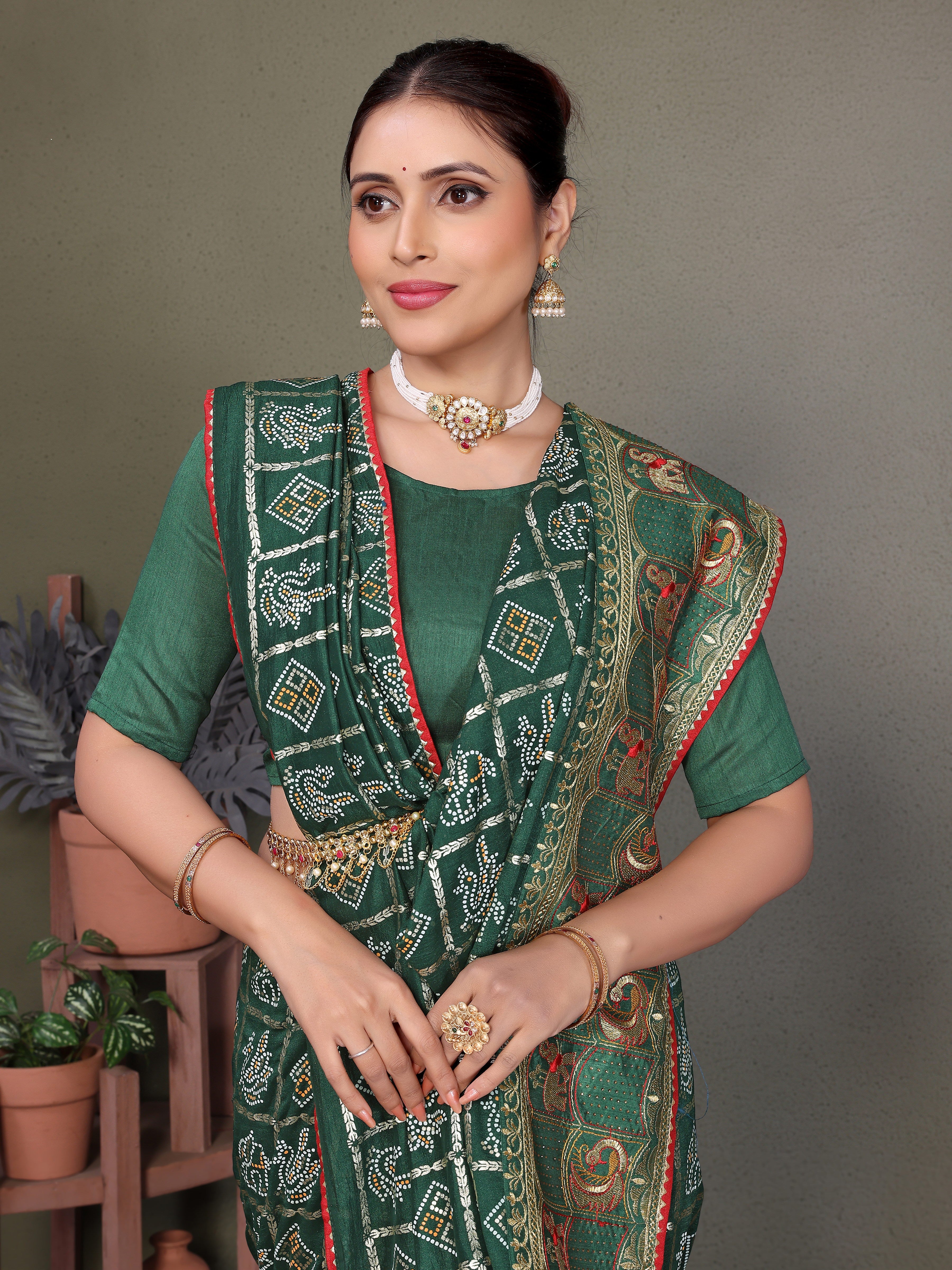 Green Gujarati Bandhej Hand Print Saree