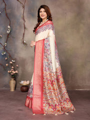 White Dola Jacquard Red Border Digital Print Saree