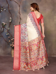 White Dola Jacquard Red Border Digital Print Saree