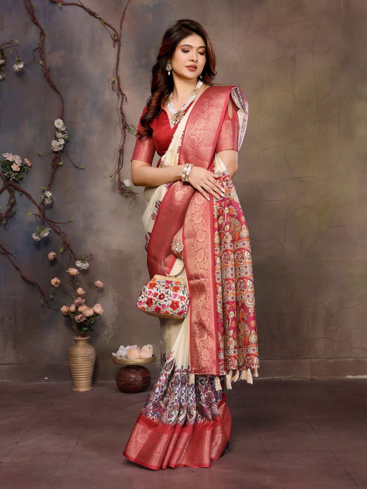 White Dola Jacquard Red Border Digital Print Saree